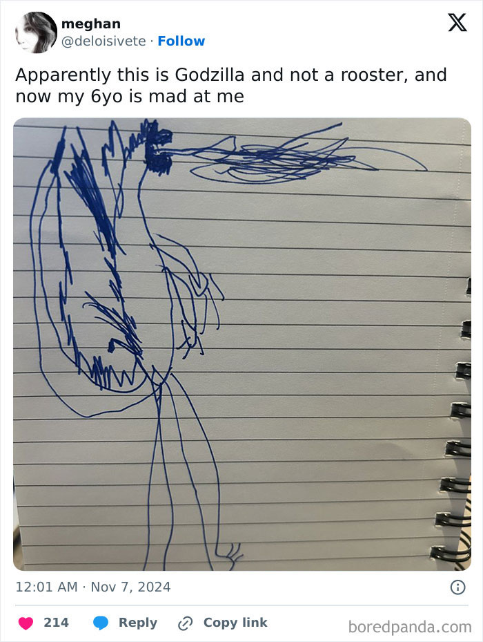 Child's drawing labeled as Godzilla, discussed in a funny tweet about parenting experiences.