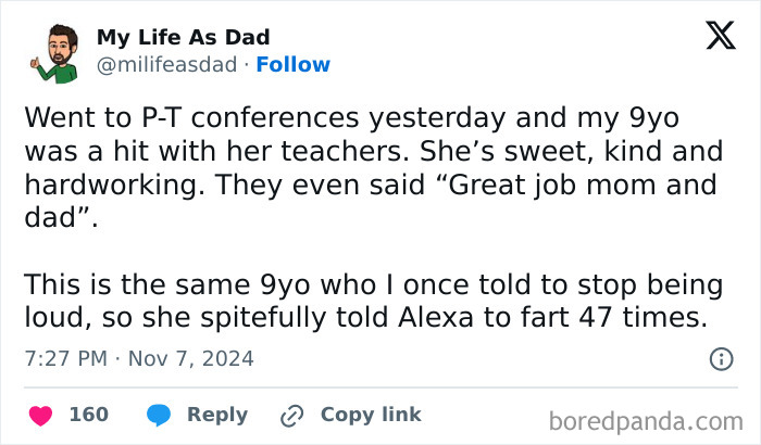 Tweet about parenting humorously sharing a child's antics with Alexa at a parent-teacher conference.