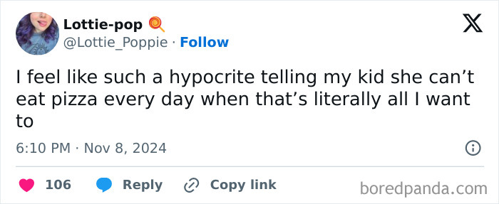 Tweet about parenting experiences with a humorous take on pizza and hypocrisy.