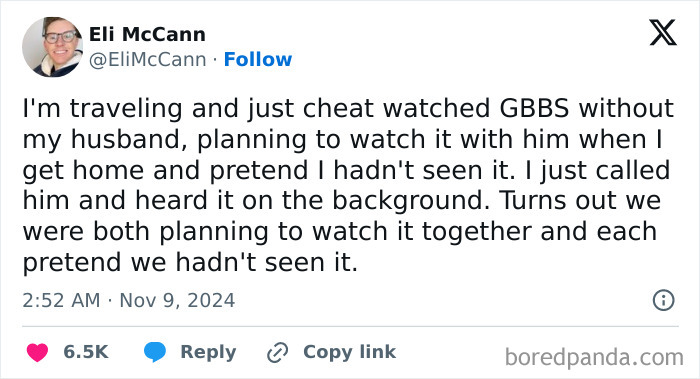 Funny tweet about watching GBBS without a partner, both pretending not to have seen it. November humor online.