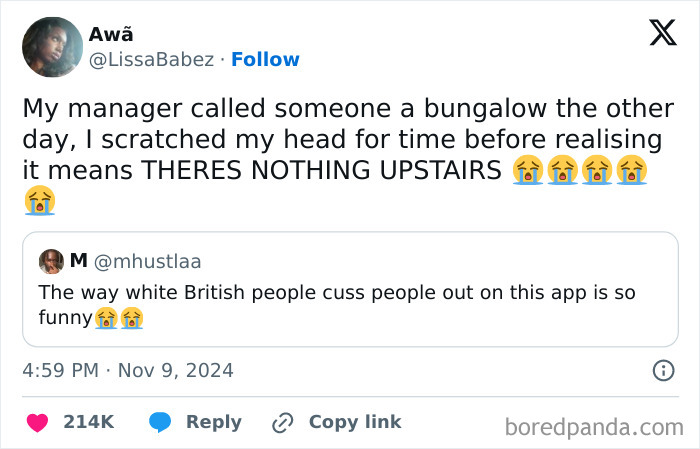 Funny tweet about British humor, featuring a manager's quirky expression using the term "bungalow."