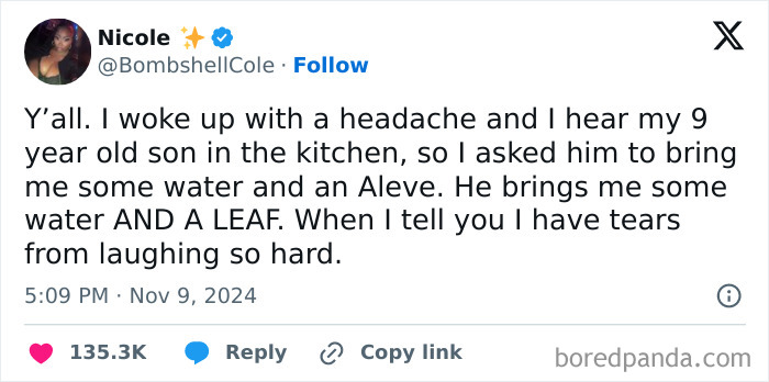 Funny parenting tweet about a 9-year-old son misunderstanding a request for Aleve and bringing a leaf instead.