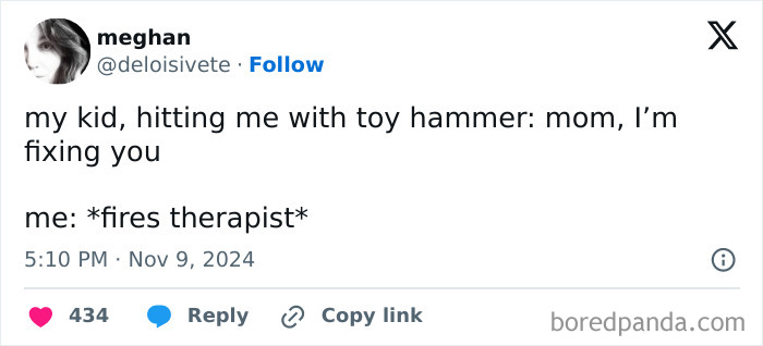 Funny parenting tweet about a kid using a toy hammer to "fix" their mom.