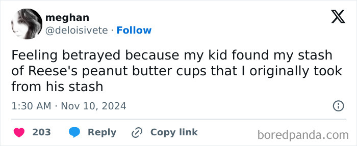 Funny parenting tweet about a kid finding a parent's candy stash originally taken from the child's stash.