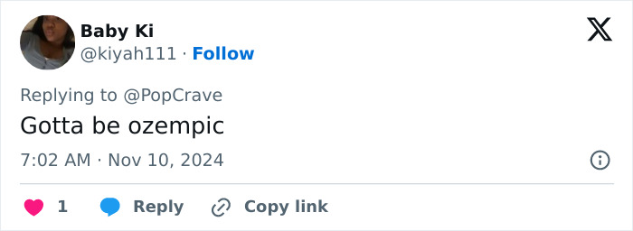 Tweet by user @kiyah111 saying, "Gotta be ozempic," in response to news about a premiere event.