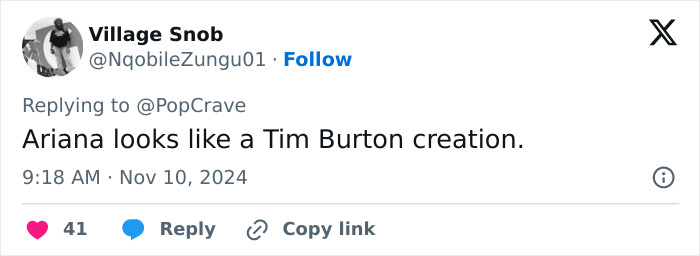 Tweet referencing Ariana Grande's appearance as a "Tim Burton creation.