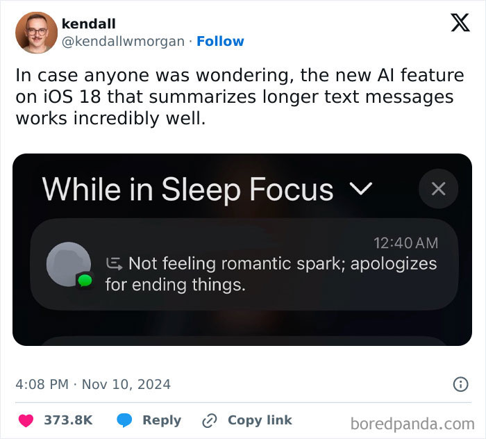 Funny tweet about iOS 18 AI feature summarizing texts humorously during Sleep Focus mode.
