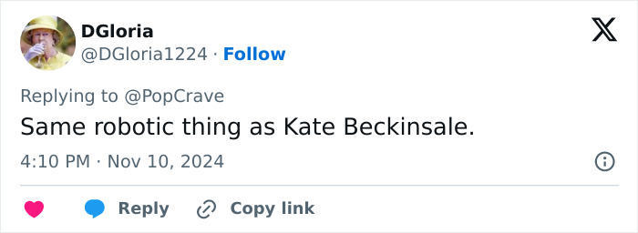 Tweet referencing a "robotic thing" comparison to Kate Beckinsale.