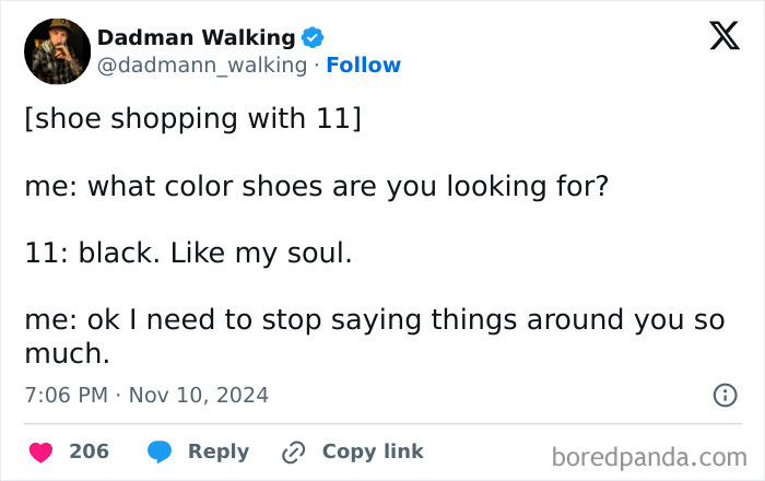 Funny parenting tweet about shoe shopping with a child, expressing humor in the soul's color choice.