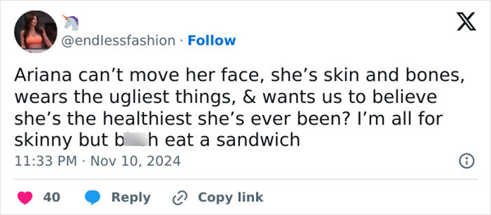 Tweet questioning Ariana Grande's appearance and health at a movie premiere sparks concern.