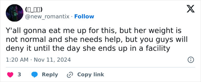 Social media post expressing concern over a celebrity's appearance after a premiere, discussing her weight and need for help.