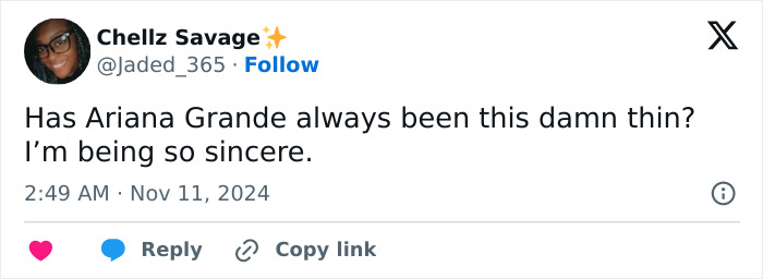 Tweet expressing concern about Ariana Grande's appearance and thinness at a movie premiere.