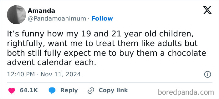 Funny parenting tweet about adult children wanting chocolate advent calendars.