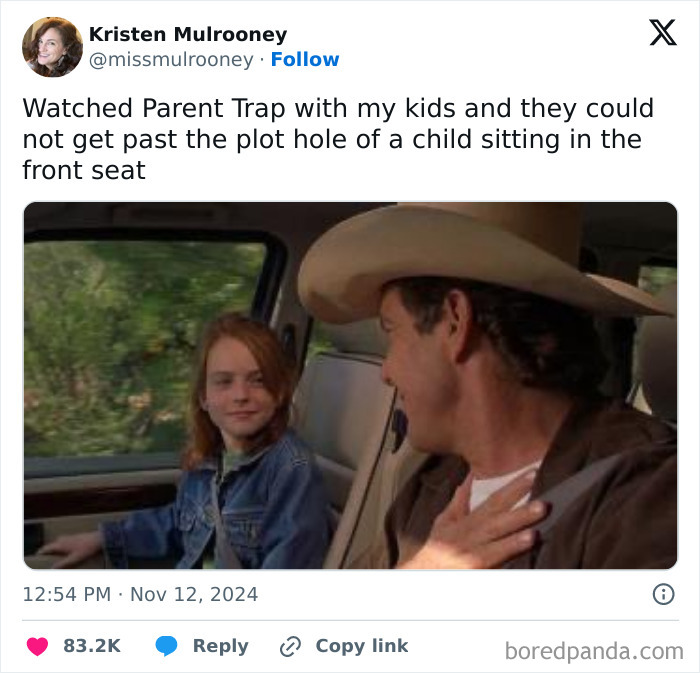 Tweet on parenting experiences with kids questioning a movie plot hole; two people in a car.