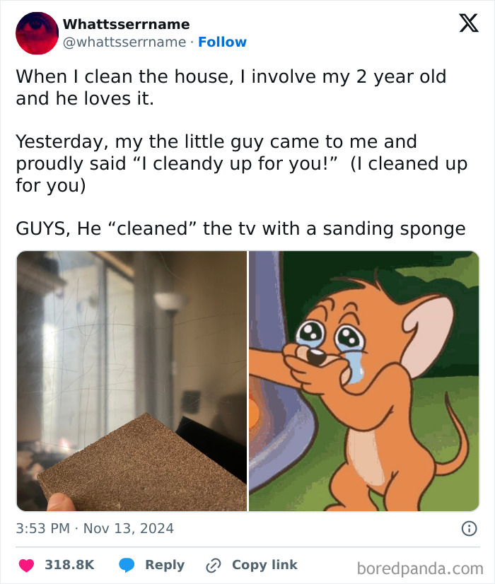 Parenting experience tweet featuring a child using a sanding sponge on a TV, humorous image of a cartoon character crying.
