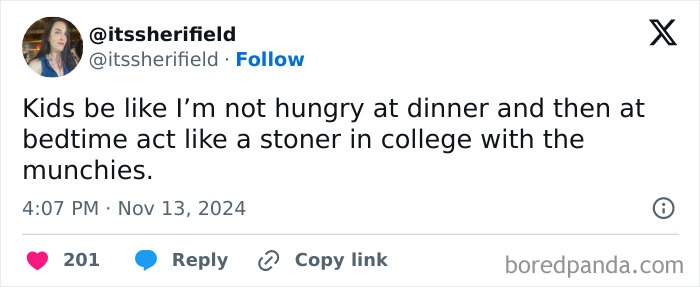 A funny tweet about kids' bedtime hunger compared to college munchies.