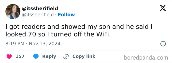 Tweet about parenting experience with a humorous twist on looking 70 and turning off WiFi.