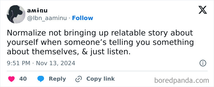 Relatable meme about listening skills over 30, text encouraging attentive listening without sharing personal stories.