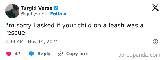 Funny tweet about parenting: "I'm sorry I asked if your child on a leash was a rescue."