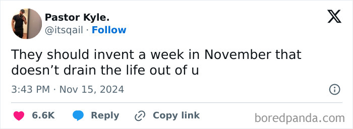 Funny meme about needing a break in November to cope with stress.