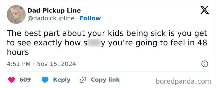 A tweet humorously describes a parenting experience about dealing with kids being sick.