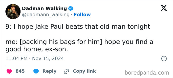 Tweet by Dadman Walking sharing a funny parenting experience about Jake Paul.
