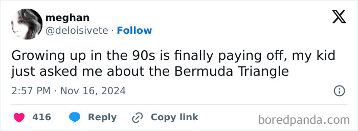 Tweet about parenting experiences, humorously mentioning a child's question about the Bermuda Triangle.