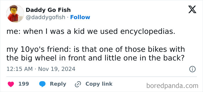 A tweet humorously capturing parenting experiences about using encyclopedias compared to modern misunderstandings.