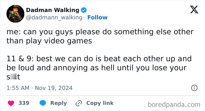 Parenting experiences shared in a humorous tweet about kids' alternatives to video games.
