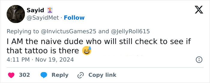 Tweet referencing Prince Harry's neck tattoo with playful skepticism, calling it naive to believe its existence. Tweet referencing Prince Harry's neck tattoo with playful skepticism, calling it naive to believe its existence.