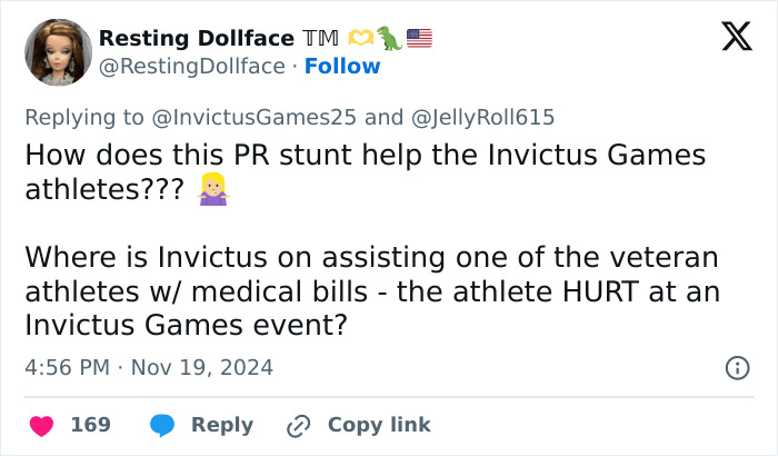Criticism of PR stunt involving Prince Harry's neck tattoo and Invictus Games support questioned by Twitter user. Criticism of PR stunt involving Prince Harry's neck tattoo and Invictus Games support questioned by Twitter user.