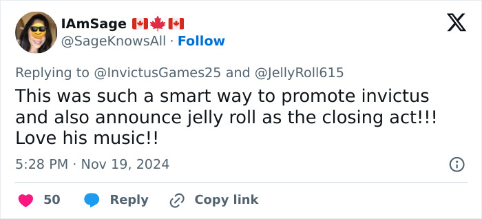 Tweet discussing a smart tactic to promote Invictus and announce Jelly Roll as the closing act. Tweet discussing a smart tactic to promote Invictus and announce Jelly Roll as the closing act.