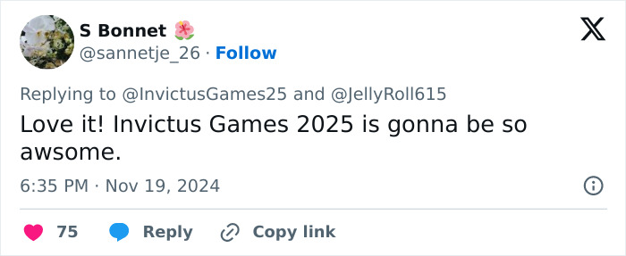 Tweet expressing excitement for Invictus Games 2025, mentioning @InvictusGames25 and @JellyRoll615. Tweet expressing excitement for Invictus Games 2025, mentioning @InvictusGames25 and @JellyRoll615.