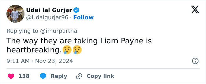 Tweet expressing sorrow over Liam Payne's situation, mentioning it as heartbreaking. Tweet expressing sorrow over Liam Payne's situation, mentioning it as heartbreaking.