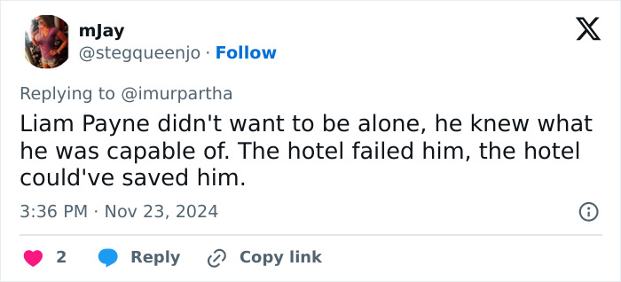 Tweet expressing regret and concern about Liam Payne's final moments and hotel responsibility. Tweet expressing regret and concern about Liam Payne's final moments and hotel responsibility.