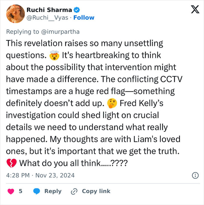 Tweet discussing Liam Payne's final moments, questioning circumstances and highlighting investigation importance. Tweet discussing Liam Payne's final moments, questioning circumstances and highlighting investigation importance.