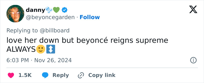 Tweet stating, "love her down but beyonc&eacute; reigns supreme ALWAYS," in response to Billboard popstar ranking.