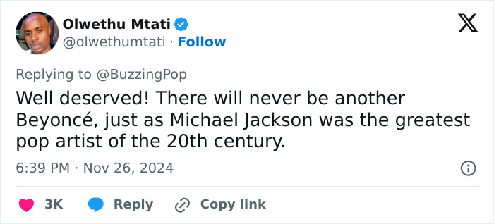 Tweet about Billboard popstar ranking with user expressing support, mentioning Beyonc&eacute; and Michael Jackson.