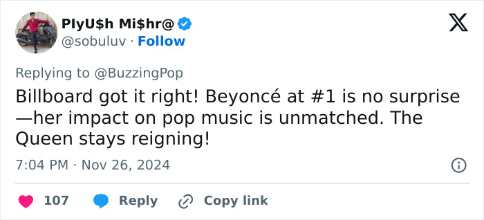 Tweet discusses Taylor Swift fans upset over her being ranked #2 by Billboard, praising Beyonc&eacute; at #1 in popstar ranking.