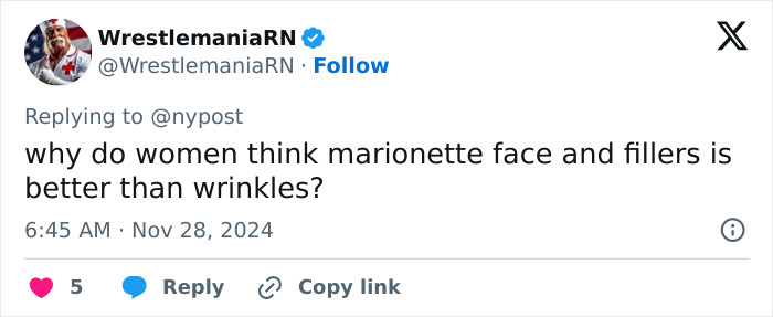 Tweet discussing views on fillers vs. wrinkles, related to Catwoman Jocelyn Wildenstein and plastic surgery rumors. Tweet discussing views on fillers vs. wrinkles, related to Catwoman Jocelyn Wildenstein and plastic surgery rumors.