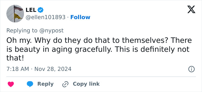 Tweet questioning Catwoman Jocelyn Wildenstein's beauty choices, suggesting the value of aging naturally. Tweet questioning Catwoman Jocelyn Wildenstein's beauty choices, suggesting the value of aging naturally.