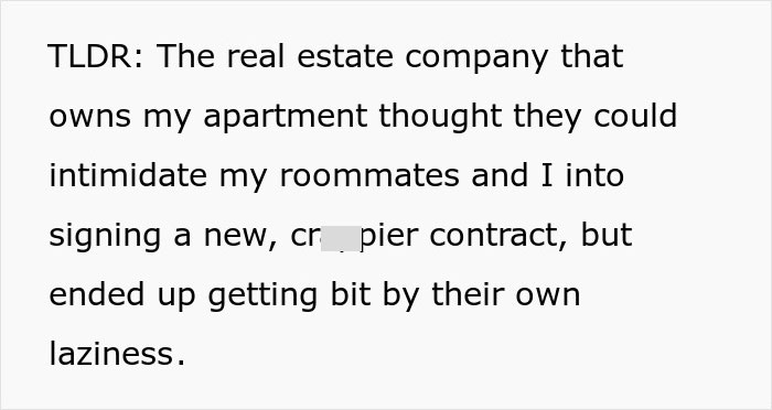 Text discussing a landlord's failed attempt to make tenants sign an unfavorable contract.