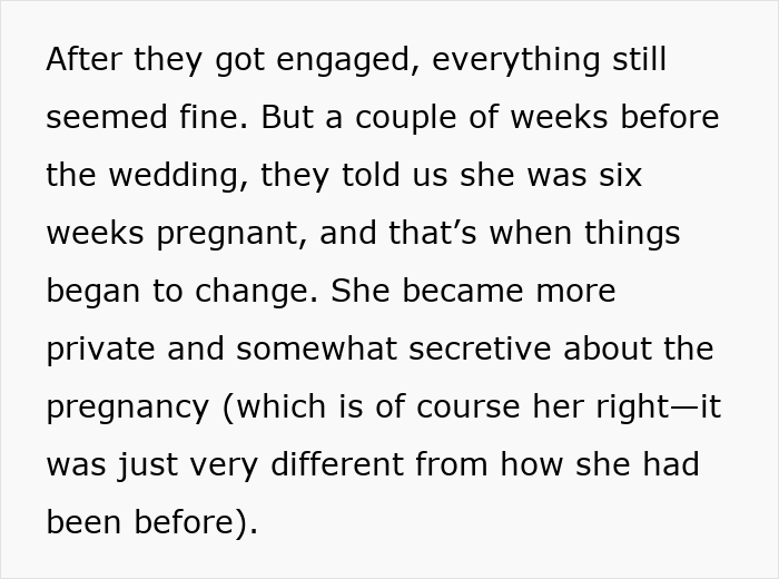 Text discussing changes in behavior after a daughter-in-law's pregnancy announcement. Text discussing changes in behavior after a daughter-in-law's pregnancy announcement.