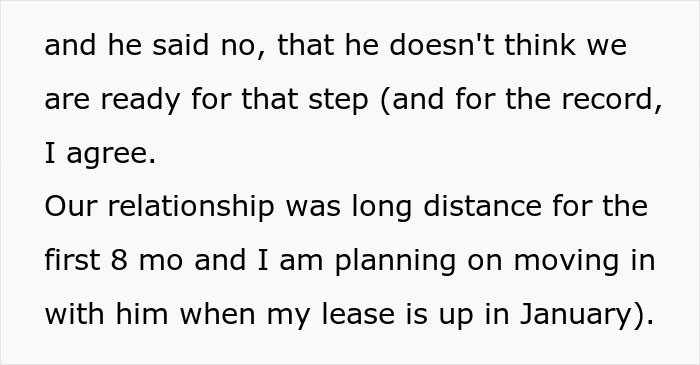 Text discussing relationship readiness and plans to move in together after a long-distance phase in a fake proposal context. Text discussing relationship readiness and plans to move in together after a long-distance phase in a fake proposal context.