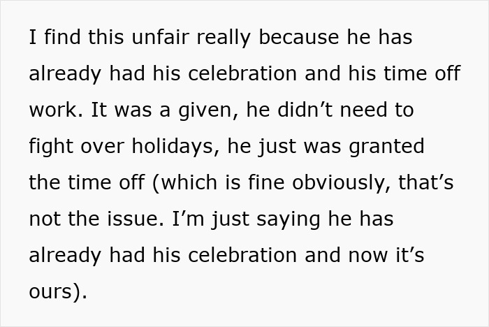 Text explaining unfairness over Muslim employee taking Christmas break off.