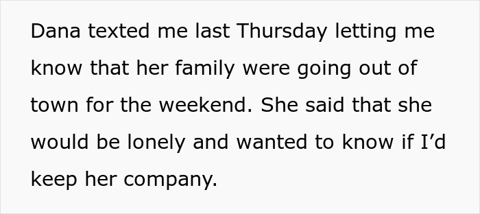 Text conversation where woman suggests spending the weekend together, indicating loneliness while family is away.