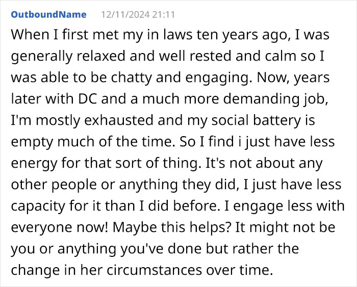 Text explaining changes in energy levels over time affecting social interactions with in-laws. Text explaining changes in energy levels over time affecting social interactions with in-laws.