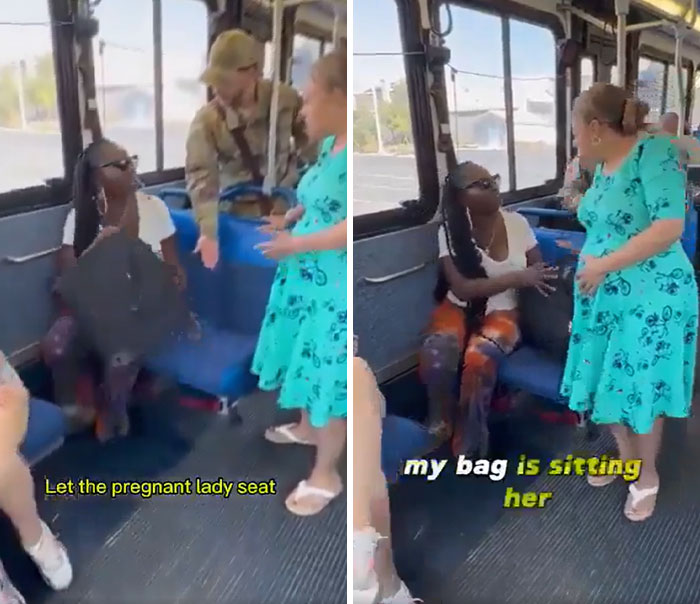 Pregnant woman asking for a seat on a crowded bus, highlighting infuriating public transport passengers.