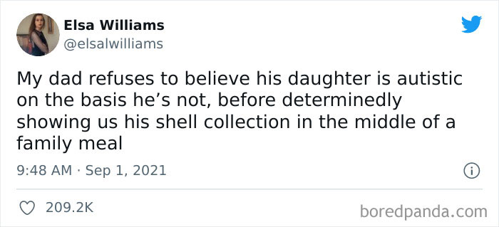 Tweet with hilariously cringe confidence about a dad's denial of autism, showing his shell collection at a family meal.