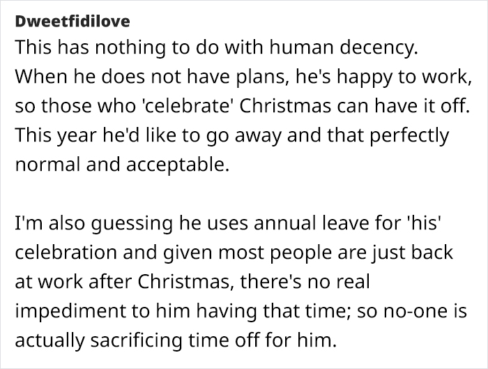 Text conversation about a Muslim employee taking Christmas break off, discussing decency and leave policies.
